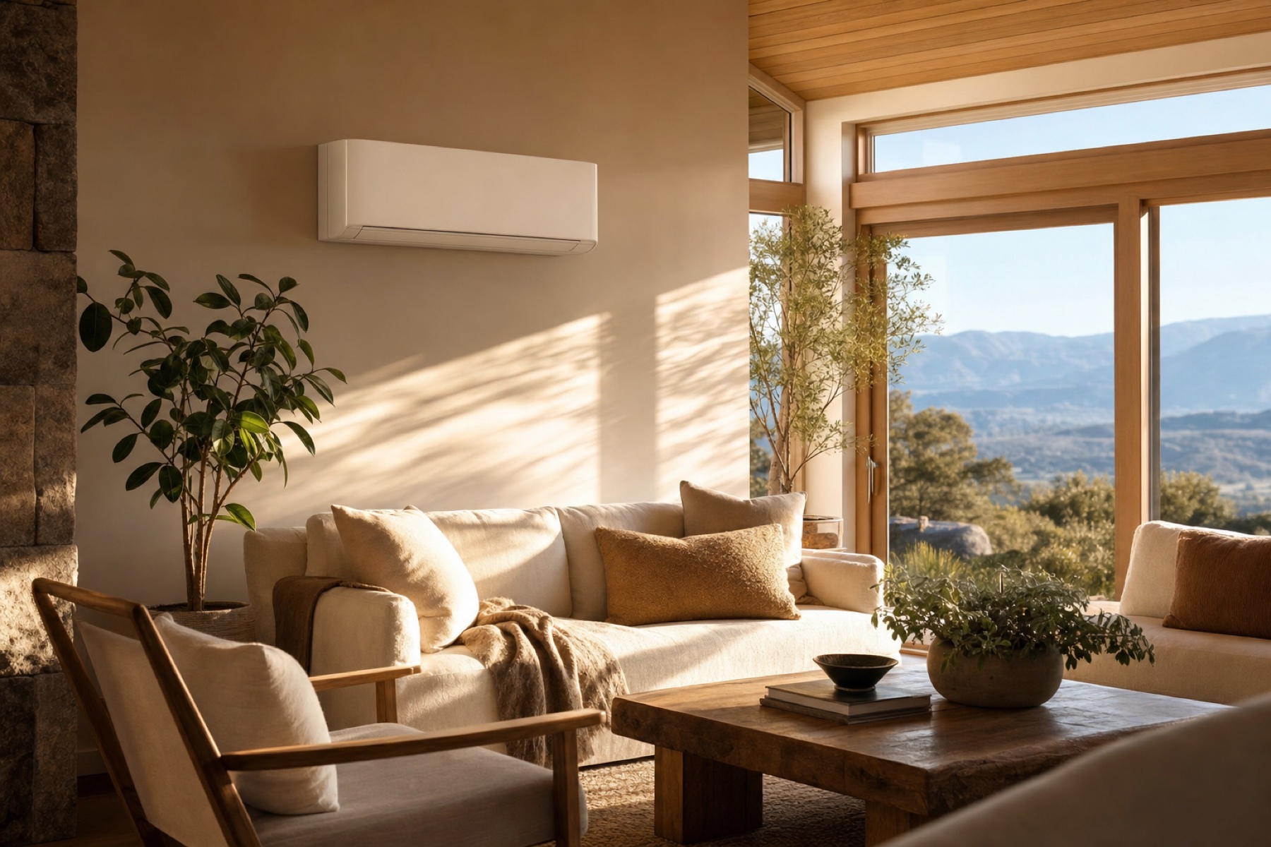 A comfortable Northern California living room kept perfectly tempered by a ductless mini-split
